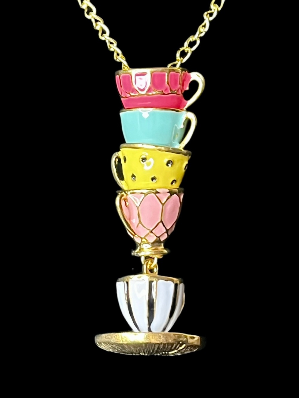Stacked Enamel Painted Metal Teacup Pendant Necklace.